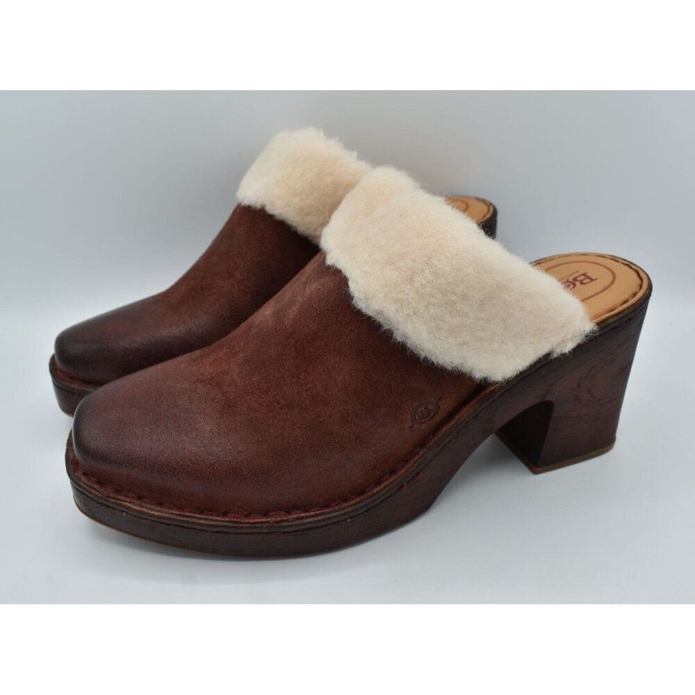 Born Women Size 11 Hope Shearling Dark Red Distressed Leather Heeled Shoes Clogs